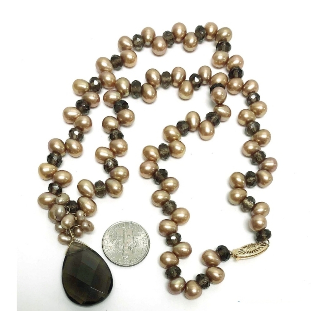 14K Gold Smokey Quartz & Pearl Beaded Necklace